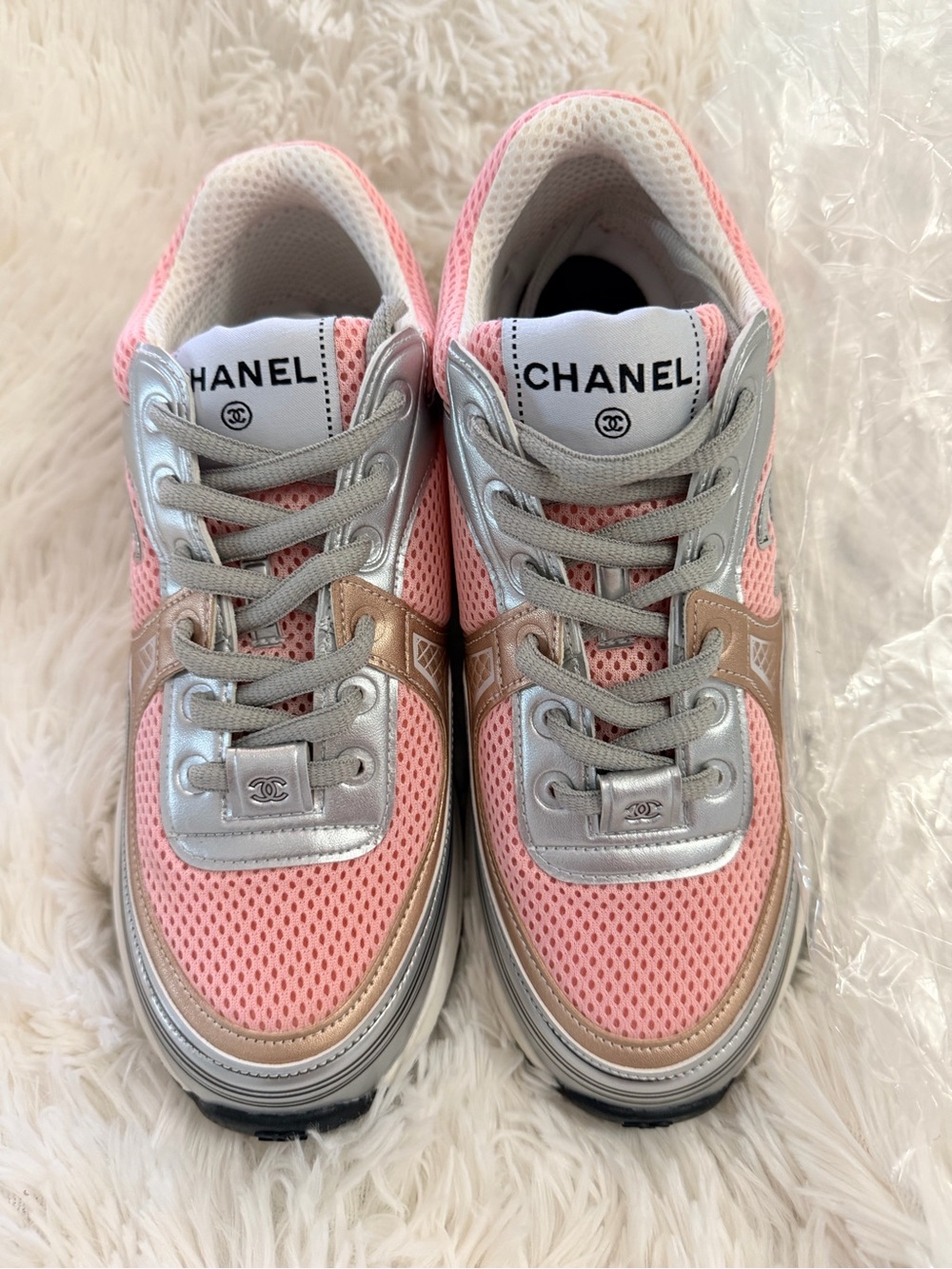 CHANEL Pink Silver and Rose-Gold Mesh Sneakers designer-ispired